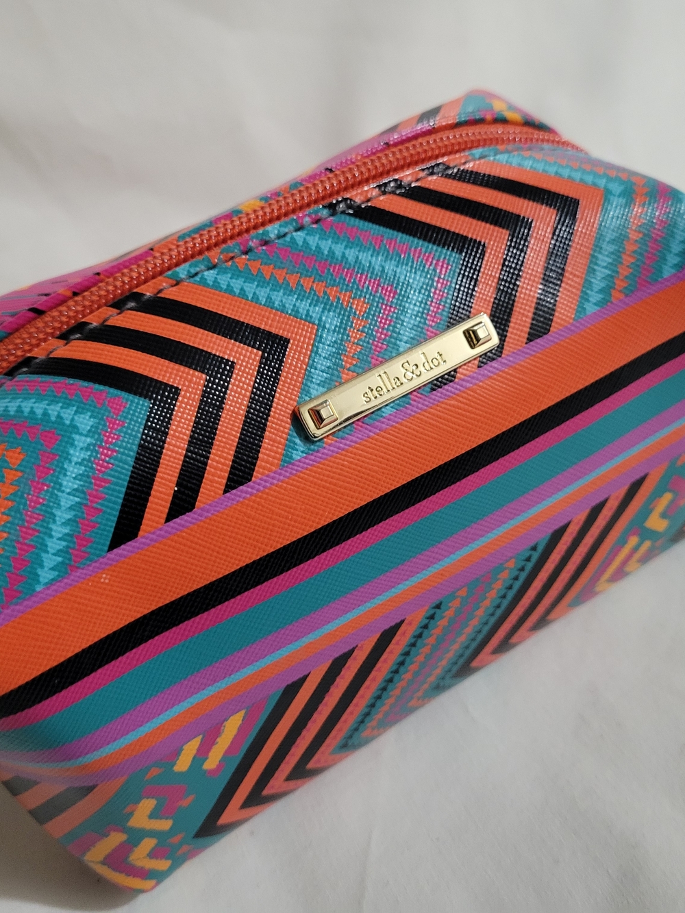 stella & dot Multicolor Chevron Cosmetic Bag - Turquoise & Orange